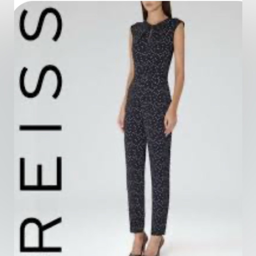 Reiss Black Speckled Cap-Sleeve Tailored Jumpsuit